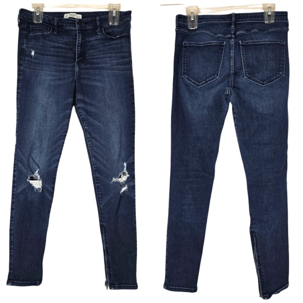 Abercrombie & Fitch Dark Denim Distressed Stretch Skinny Zipper Ankle Jeans 10